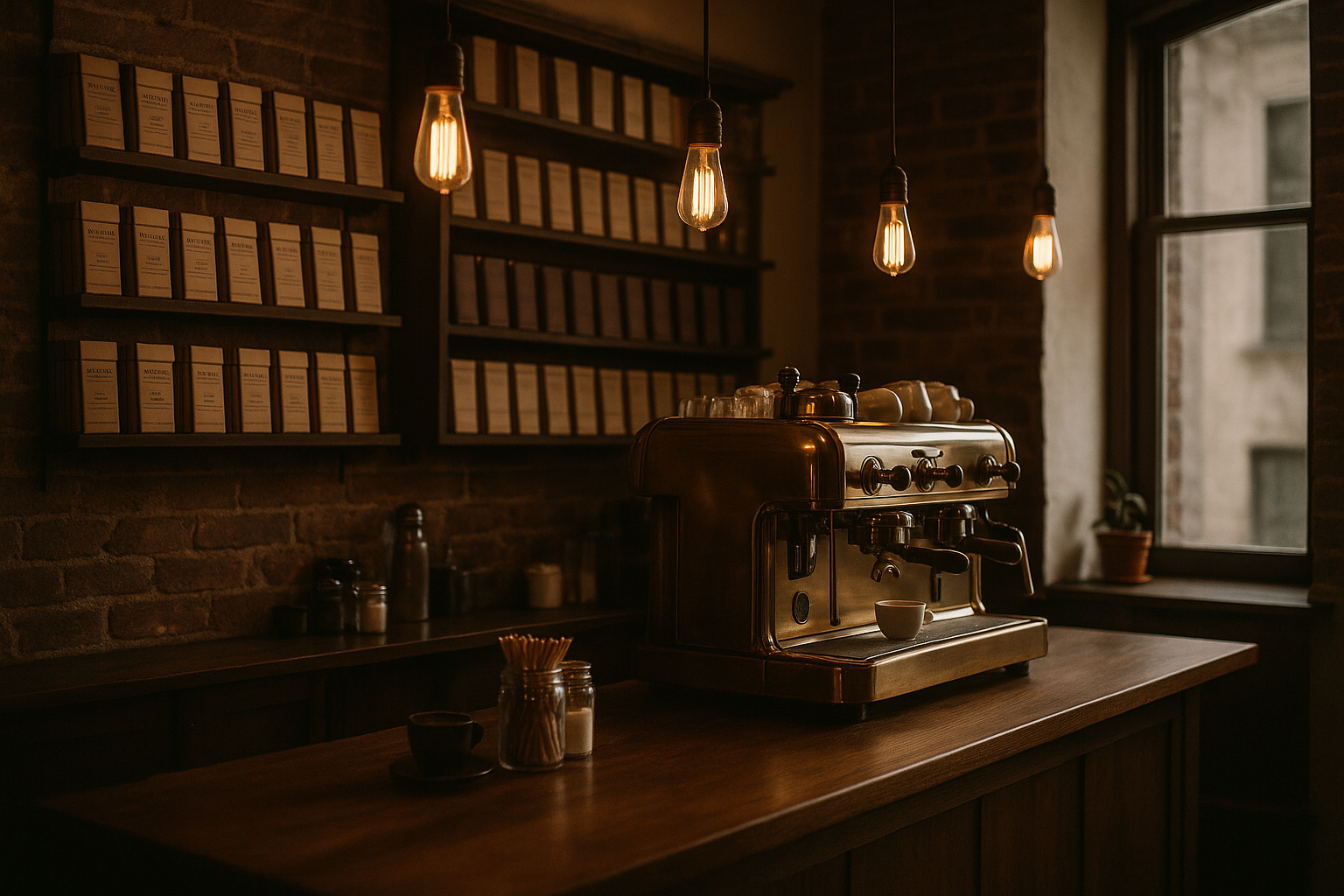 Warm café interior with a walnut counter, brass espresso machine, shelves of wrapped chocolate bars and Edison bulbs