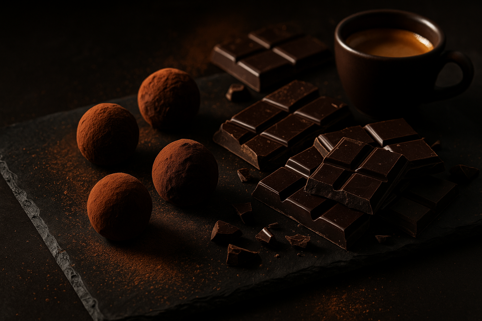 Artisan dark chocolate truffles and broken chocolate bars dusted with cocoa beside an espresso cup on dark slate