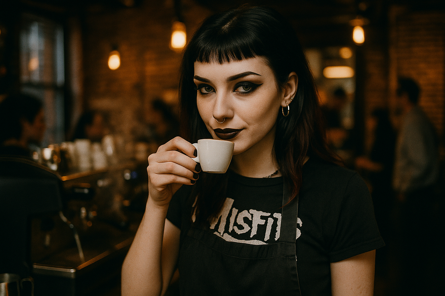 A 90s goth barista with dark lipstick and eyeliner sipping an espresso with a slight smile in a busy café