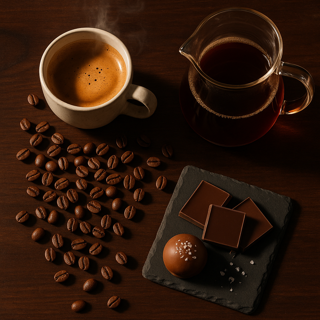 Overhead view of an espresso cup, pour-over carafe, coffee beans and dark chocolate squares on a walnut counter